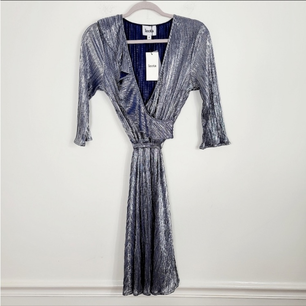 Leota Metalic Silver Ruffle Faux Wrap Belted Mini Dress
